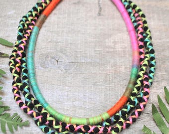 Colorful Chunky Braided Fabric Necklace, Statement Ethnic Collar, Handmade African Jewelry, Sustainable Slow Fashion