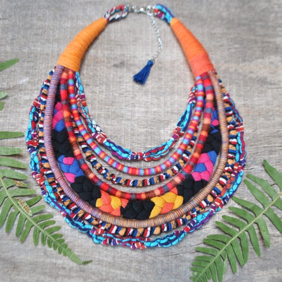 Ethnic Bib Necklace Statement Colorful Rope Cloth Necklace