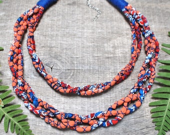 spring orange flower fabric necklace for women, statement bohemian necklace, braided cord textile necklace, wearable hippie boho jewelry