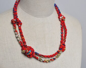 layered red fabric necklace, boho textile necklace, colorful knotted rope necklace, artsy folklore necklaces for festival wear, gift for mum