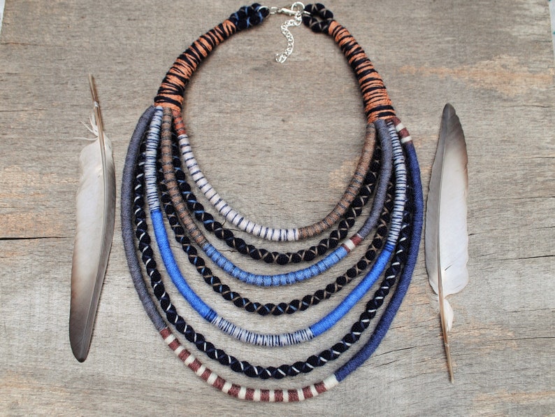 yarn and fabric jewelry for bohemian women unique eco gifts hand woven multi rope african necklace native tribal style necklace
