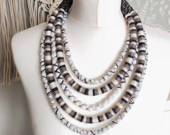 Statement African Necklace for Women, Black & White Chunky Fabric Necklace, Handwoven Ethnic Collar