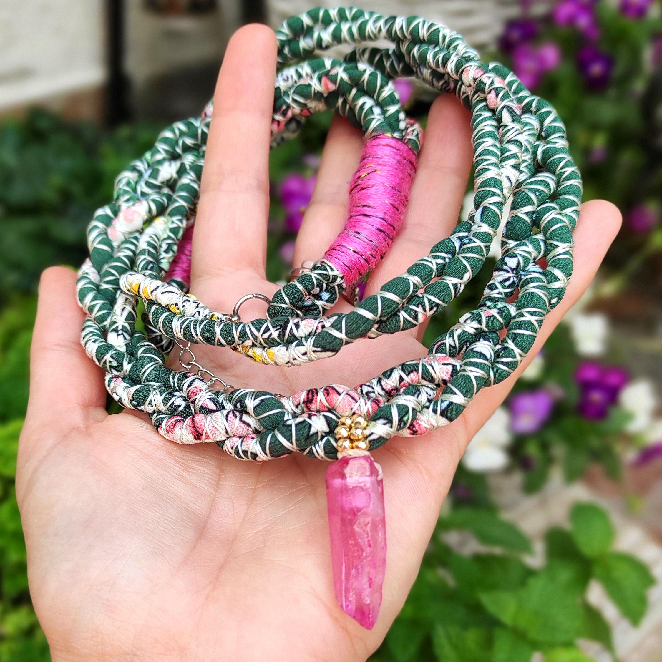pink aura crystal quartz necklace, boho fabric necklace with raw rock crystal pendant, statement necklace, self care protective jewelry