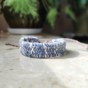 Textured denim-colored handwoven bracelet, cotton minimalist cuff bracelet, boho fiber art jewelry