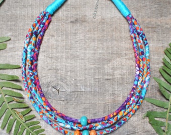 colorful rope necklace with howlite stone, bright multicolor statement necklace for women boho, ethnic fabric jewelry for crystal lover