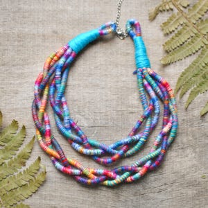 Multicolour Fabric Necklace, Handwoven Braided Statement Bib Necklace, Colorful Folk Bohemian Jewelry, Sustainable Fashion