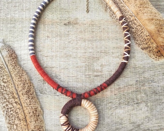 Handcrafted Ethnic Necklace: Hoop Pendant, Earth Colored Statement Boho Necklace, African Tribal Style, Unisex