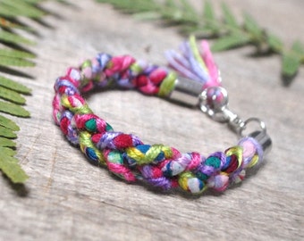 spring woven textile bracelet, colorful braided bracelet, friendship boho bracelet, upcycled fabric jewelry, eco friendly gift for friends