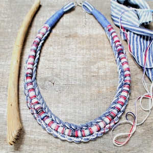 Handwoven Nautical Rope Necklace: Braided Red, White & Blue Statement Fabric Jewelry, Zero Waste