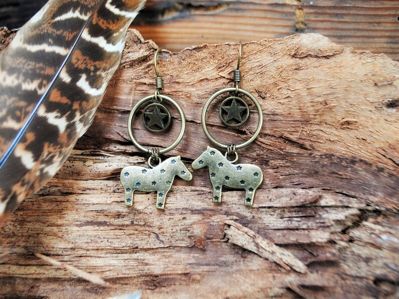 Cute horse earrings bronze star hoop earrings with charm Etsy