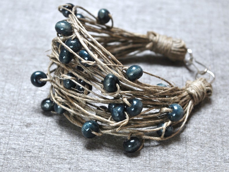 eco friendly bohemian cuff bracelet for women, navy blue wooden beaded bracelet, organic linen cord bracelet, vegan supernatural jewelry image 3