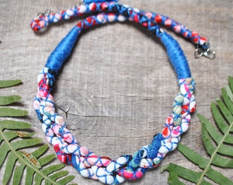 hand woven colorful fabric necklace for women, braided textile necklace, spring color cloth accessories, summer neckpiece for women boho