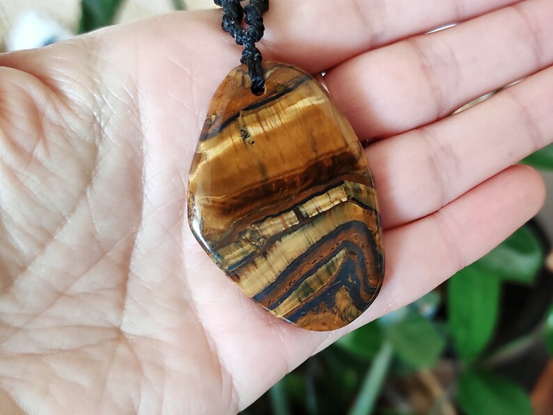 large mens tigers eye necklace, adjustable tiger iron pendant, protective talisman for him, waterproof wax cord macrame gemstone necklace image 3