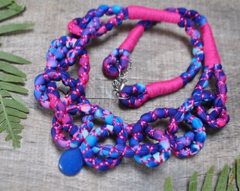 navy blue neon pink chunky necklace with jade, bright colorful rope knot necklace, statement necklace for women boho, macrame fabric jewelry