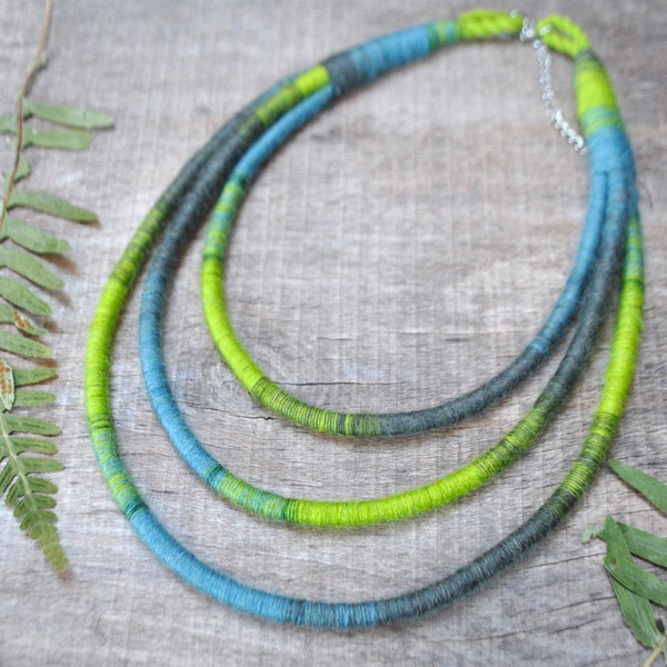 woven triple strand necklace made of yarn, gray blue celadon neon necklace, long layered fabric necklace, ethnic inspired statement necklace