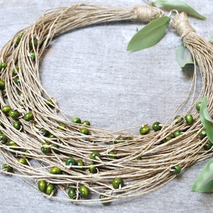 Green Wooden Beaded Linen Necklace, Earthy Colored Statement Collar, Eco-Friendly Vegan Supernatural Jewelry