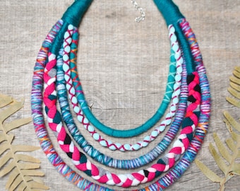 multicolour fabric necklace, thread wrapped statement african necklace, big ethnic necklace, eco friendly hippie boho jewelry