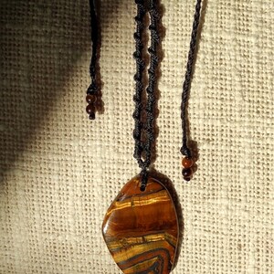 large mens tigers eye necklace, adjustable tiger iron pendant, protective talisman for him, waterproof wax cord macrame gemstone necklace image 4