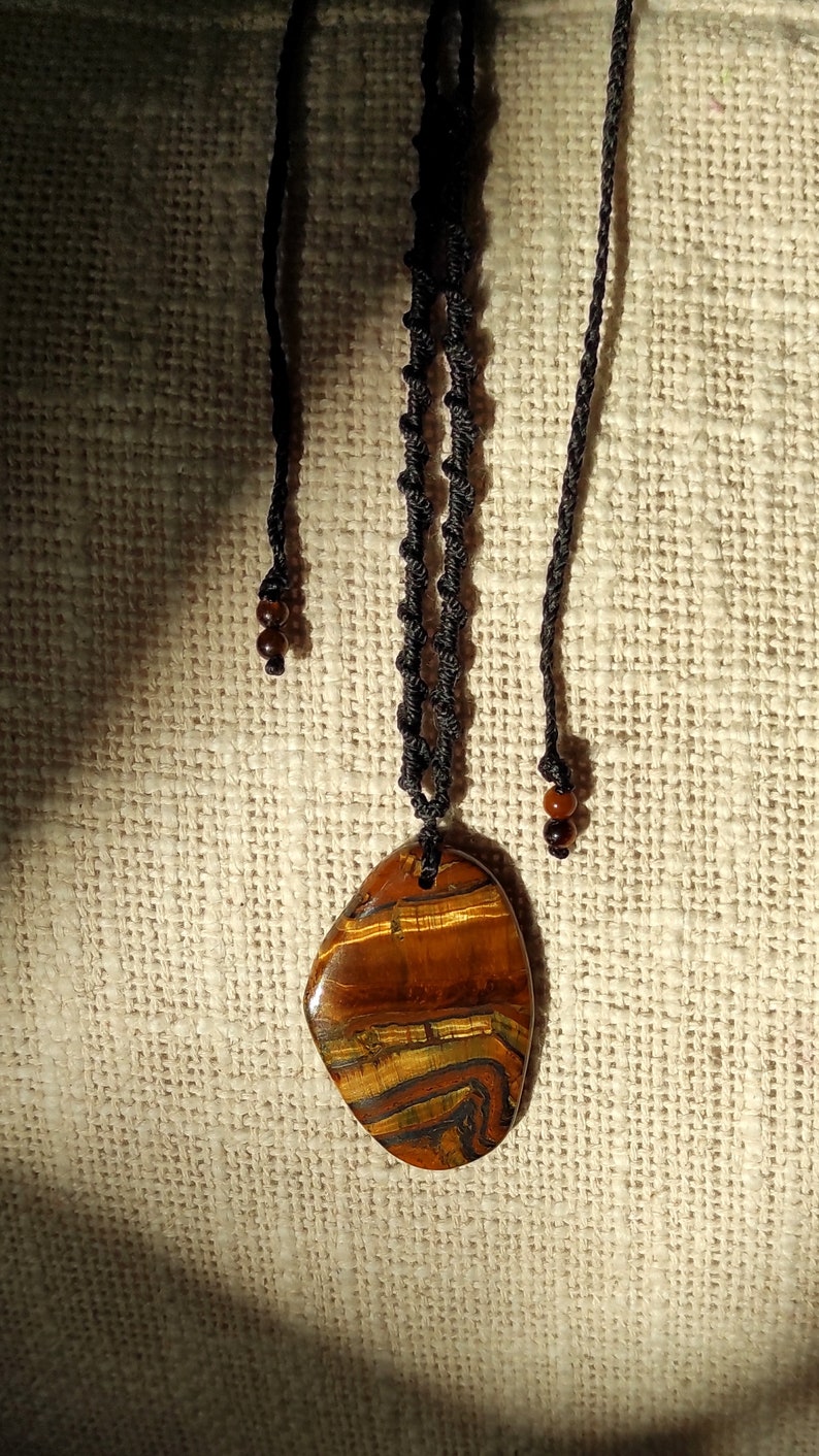 large mens tigers eye necklace, adjustable tiger iron pendant, protective talisman for him, waterproof wax cord macrame gemstone necklace image 4