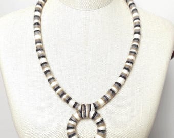 HandWoven Chunky Statement Necklace: Striped Rope, Hoop Pendant, African Tribal Collar, Autumn Winter Accessory
