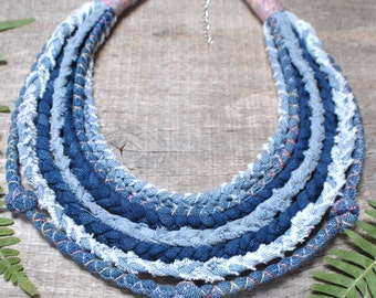 frayed mixed denim necklace, blue statement fabric necklace for boho women, southwest necklace, ecological hippie style festival accessories