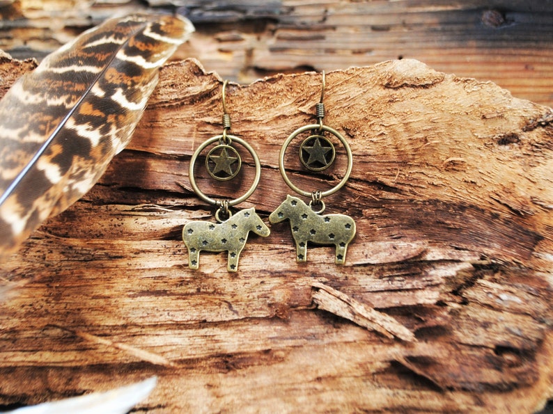 Cute horse earrings bronze star hoop earrings with charm Etsy