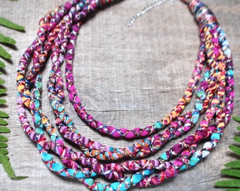 shiny bright fabric necklace, braided colorful rope necklace, upcycled cloth bohemian necklace, statement african jewelry, spring jewellery