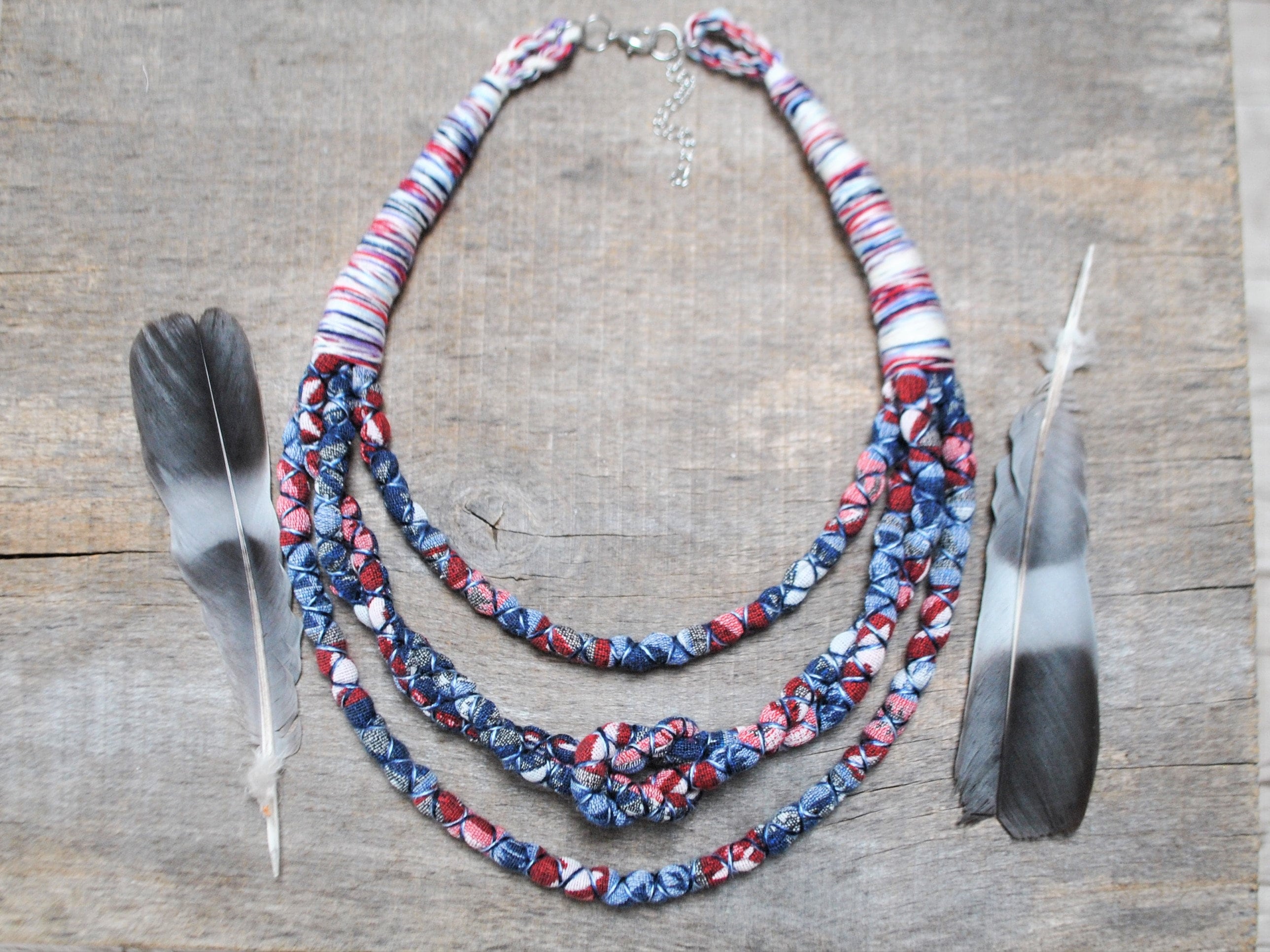 woven textile bib necklace peruvian fabric necklace navy blue statement cord necklace upcycled cloth necklace unique ethnic jewelry