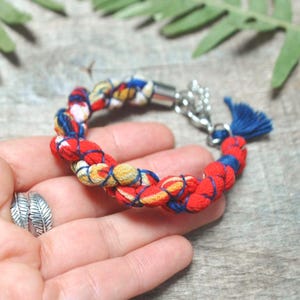 navy blue and red woven textile bracelet, colorful braided fabric bracelet, cloth bracelet, best friend gift idea, boho wrist accessories