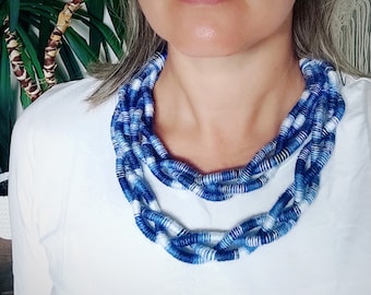 woven blue fabric necklace for women, statement ethnic bib, braided african collar, yarn wrap bohemian jewelry, handmade gift for mom