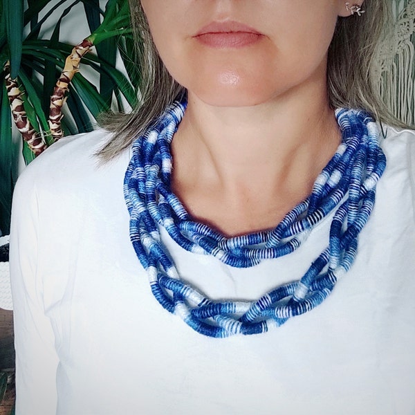 woven blue fabric necklace for women, statement ethnic bib, braided african collar, yarn wrap bohemian jewelry, handmade gift for mom
