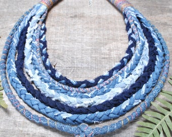 frayed mixed denim necklace, blue statement fabric necklace for boho women, southwest necklace, ecological hippie style festival accessories