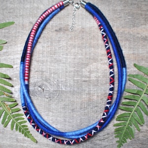 Hand Woven Sailing Rope Necklace: Red, Navy Blue Nautical necklace, statement fabric jewelry