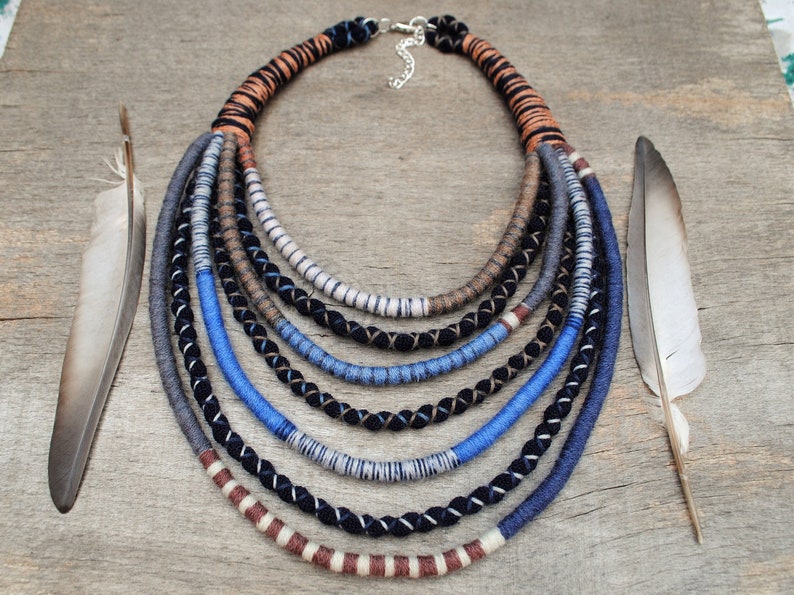 yarn and fabric jewelry for bohemian women unique eco gifts hand woven multi rope african necklace native tribal style necklace