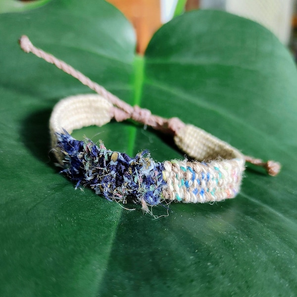 Limited Linen Silk Woven Bracelet, Earthy Coloured Natural Fiber Wrist Cuff, Unique Boho Jewelry