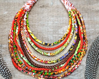 Colorful Ethnic African Necklace for women, Statement Fabric Necklace, Chunky Ankara Textile Jewelry
