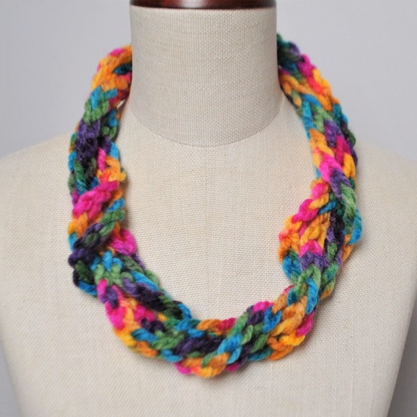 bright colorful statement necklace, multicolor extra long necklace to creative wrap, rainbow thin infinity scarf, bohemian cloth accessories