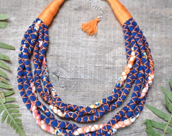 orange navy blue statement fabric necklace, chunky braided rope necklace, summer hippie boho festival wear, zero waste sustainable jewel