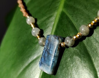 mixed gem choker with blue kyanite pendant, adjustable macrame labradorite necklace, protection amulet, taurus zodiac sign mothers day gift