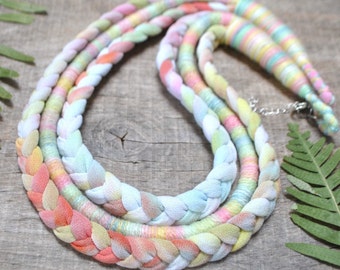 pastel long statement fabric necklace, braided rope necklace, cotton candy textile necklace, repurposed cloth jewelry, summer accessories