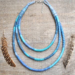 unique hand woven ethnic necklace, yarn wrap tribal necklace, triple rope african collar, sustainable cotton fabric jewelry