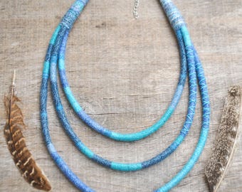 unique hand woven ethnic necklace, yarn wrap tribal necklace, triple rope african collar, sustainable cotton fabric jewelry