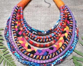 ethnic bib necklace, statement colorful rope cloth necklace, rainbow african collar for women, folk braided fabric jewelry, handmade gifts
