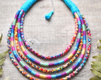 Colorful Statement Ethnic Necklace, Handwoven Boho Fabric Necklace, Multistrand African Jewelry, Upcycled Cotton