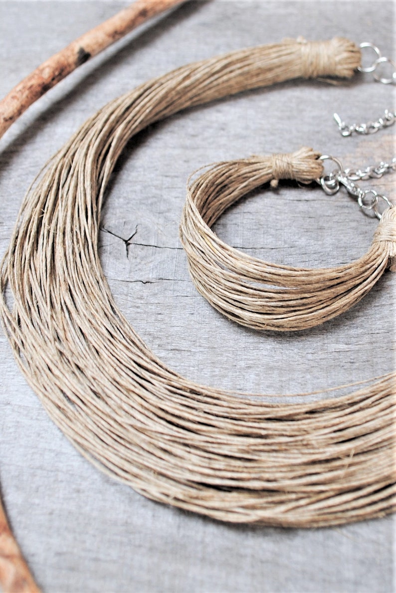 conjunto de joyas de lino sobrenatural simple, collar multihilo en tono tierra, pulsera de puño de cordón natural, joyería minimalista, regalo del día de las madres imagen 8