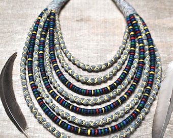 long statement ethnic necklace, thread wrap african necklace for women, woven rope fabric necklace, tribal jewelry, handmade gift idea