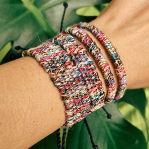 Colorful Handwoven Boho Bracelet: Shiny Mettalic Thread Textile Wrist Cuff, Fiber Artisan Jewelry, Adjustable,