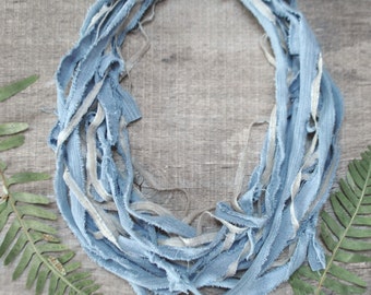 frayed light blue denim necklace, statement fabric necklace for boho women, southwest necklace, sustainable hippie festival accessories