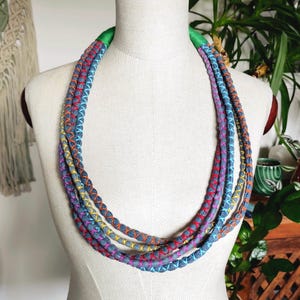 long coloured denim necklace, statement fabric necklace for boho women, upcycled cloth jewelry, eco friendly wearable accessories