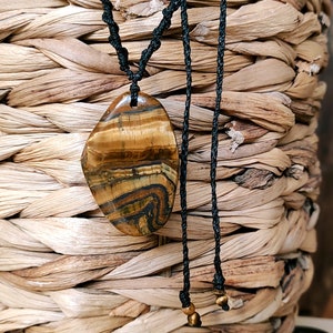 large mens tigers eye necklace, adjustable tiger iron pendant, protective talisman for him, waterproof wax cord macrame gemstone necklace image 5